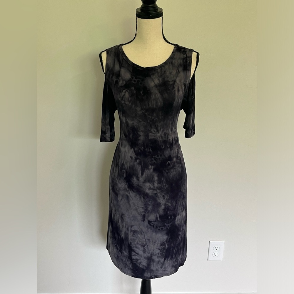 Black and grey tie dyed cold shoulder mini dress